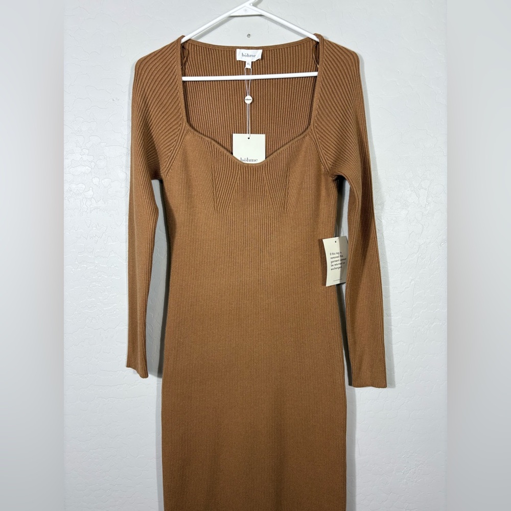 BOHME Ribbed Square Neckline Long Sleeve Coquette Full‎ Length Tan Dress XL NWT - Picture 3 of 12